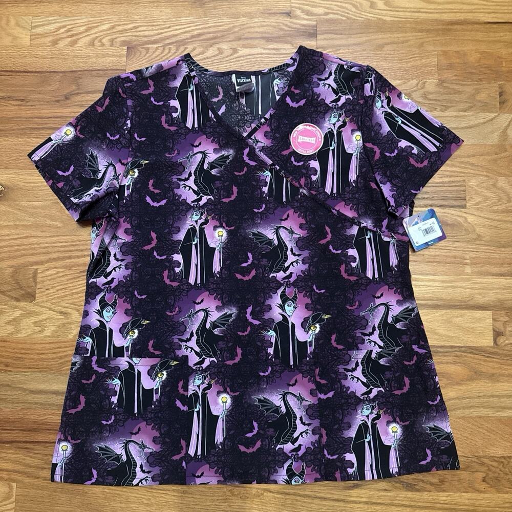 NWT Disney Villains 'Maleficent' Woman's Size LG Medical Scrub Top Purple/Black